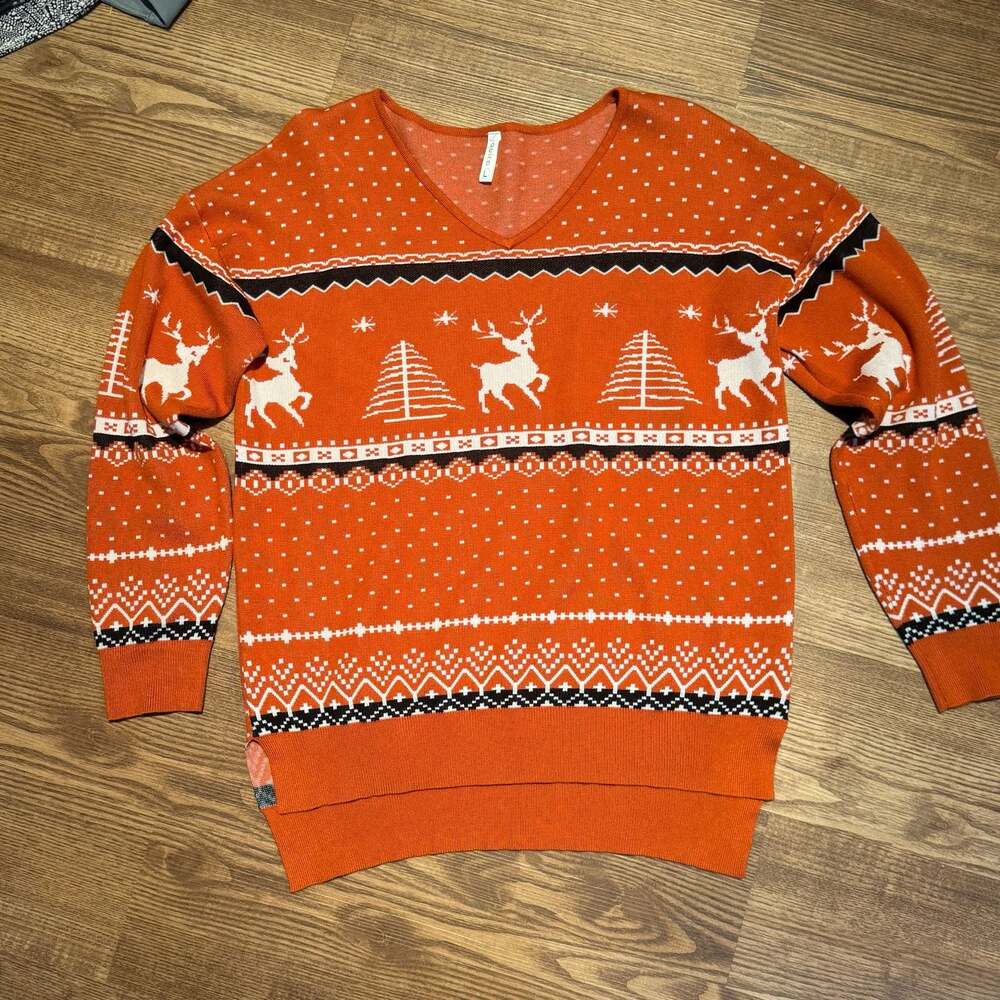 Jouica Women’s Christmas Reindeer Fair Isle Sweater Orange Black White Size L